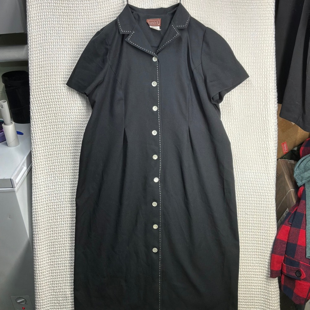 Vintage Womens Lisa II Button Down Midi Dress 20WP Black Contrast Stitch
